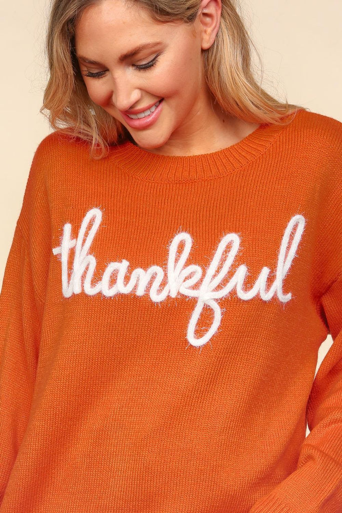 Haptics Full Size Metallic Thankful Embroidery Womens Sweater