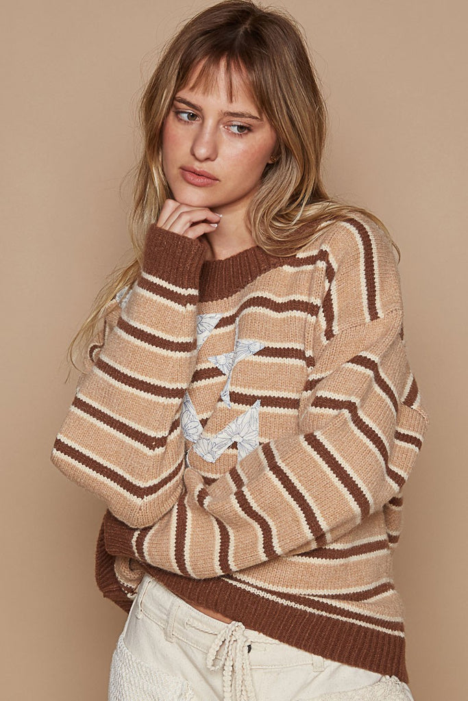 POL Clothing Star Patch Stripe Round Neck Womens Sweater in Brown