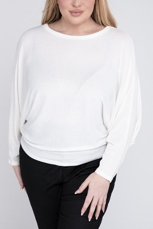 Zenana Plus Size Ribbed Batwing Boat Neck Sweater 5Colors 1x-3X