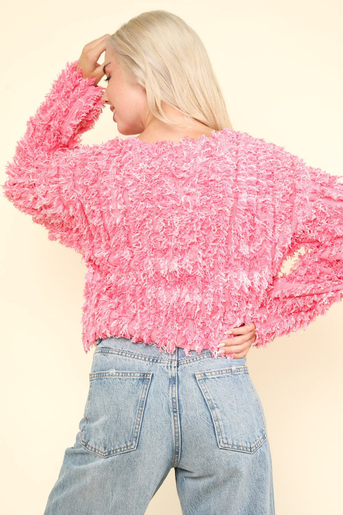 VERY J Shaggy Yarn Knit Zip Up Womens Jacket in Pink Multi