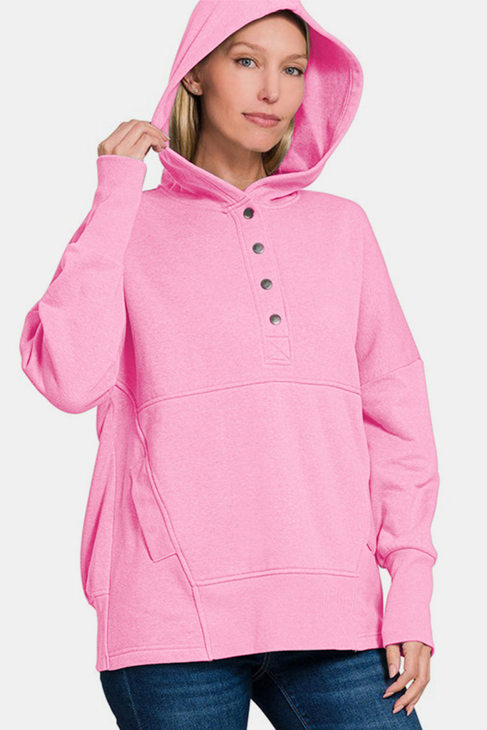 Zenana Half Snap Long Sleeve Womens Hoodie with Kangaroo Pocket