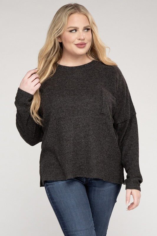 Zenana Plus Size Ribbed Brushed Melange Hacci Womens Sweater 4Colors