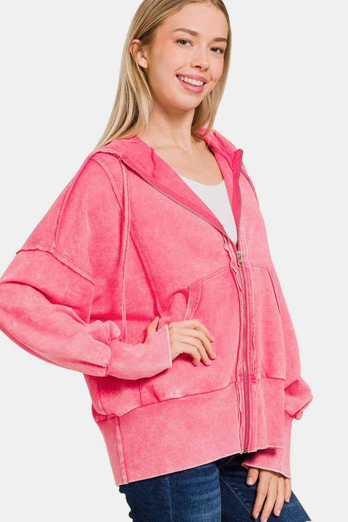 Zenana Acid Washed French Terry Zip-Up Womens Hoodie with Pockets in Fuchsia