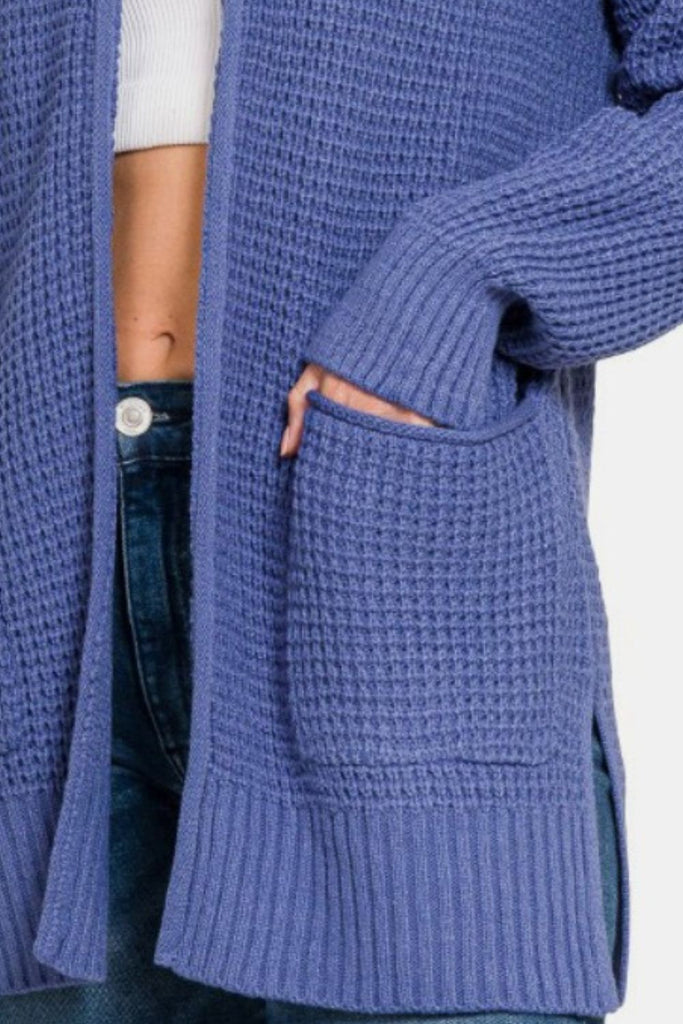 Zenana Waffle Open Front Womens Sweater Cardigan in Marlin Blue