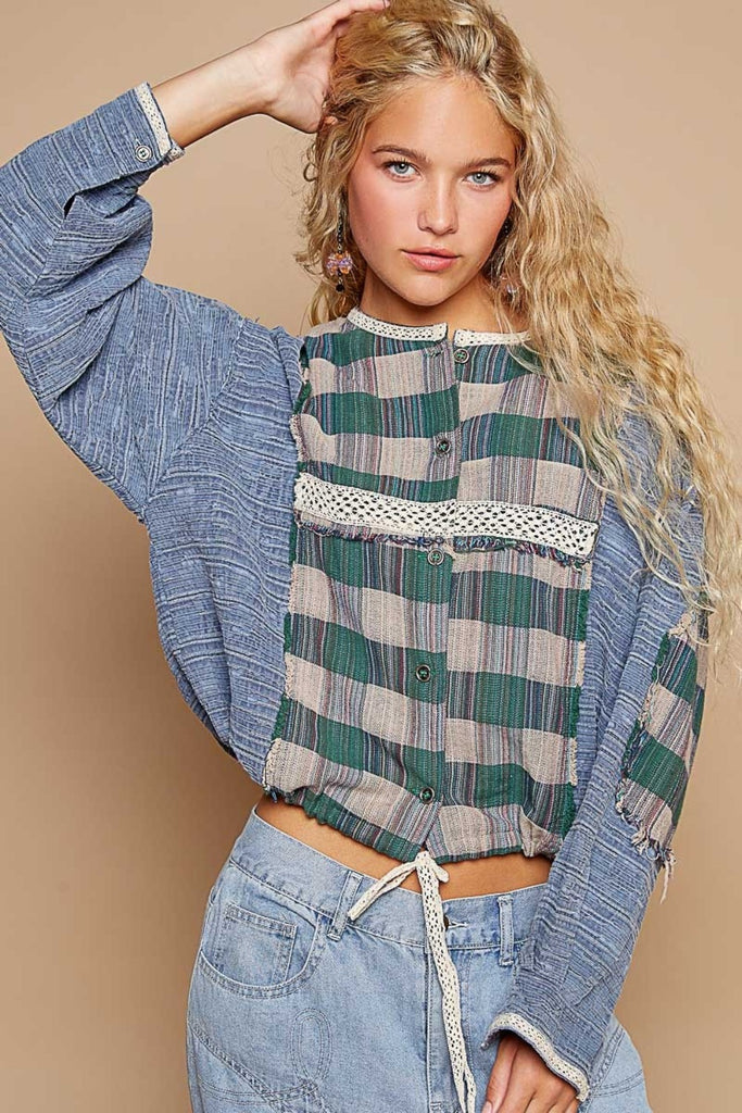 POL Clothing Round Neck Long Sleeve Plaid Womens Shirt