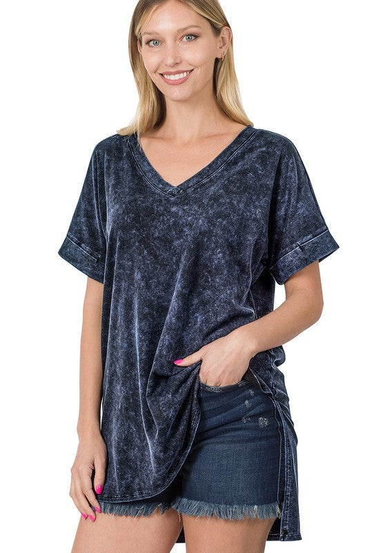 Zenana Mineral Washed V-Neck Knit Tee 6Colors S-XL