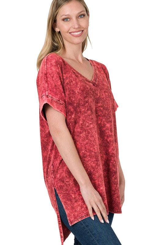 Zenana Mineral Washed V-Neck Knit Tee 6Colors S-XL