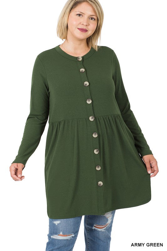 Zenana Plus Size Shirred Waist Buttoned Cardigan Green or Black