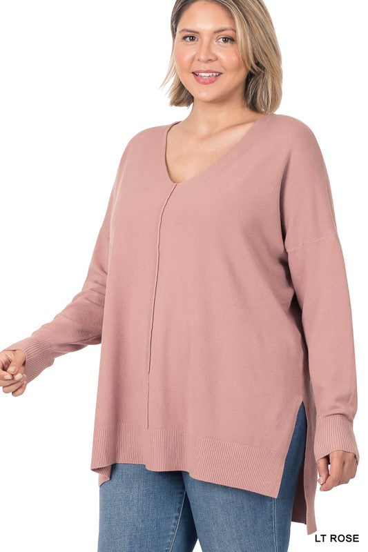 Zenana Plus Size Hi-Low V-Neck Center Seam Sweater 2Colors