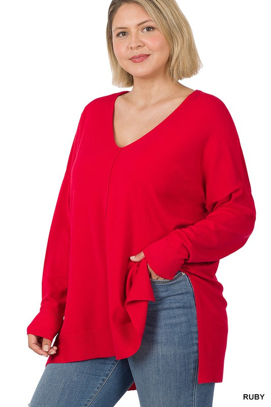 Zenana Plus Size Hi-Low V-Neck Center Seam Sweater 2Colors