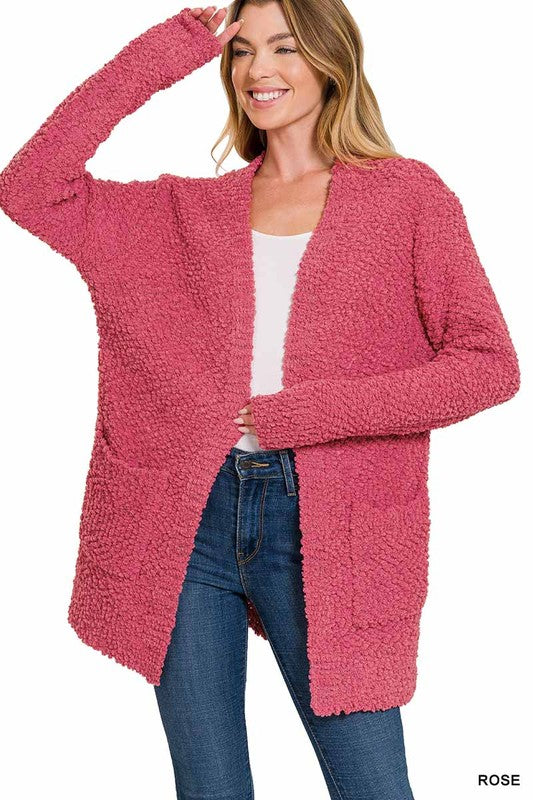 Zenana Popcorn Sweater Open Front Cardigan Pockets 5Colors S-XL