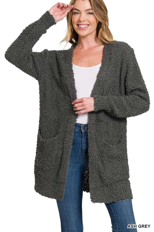 Zenana Popcorn Sweater Open Front Cardigan Pockets 5Colors S-XL