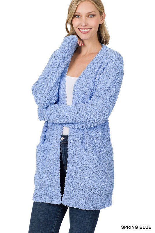 Zenana Long Sleeve Popcorn Sweater Cardigan With Pocket Grey M-XL