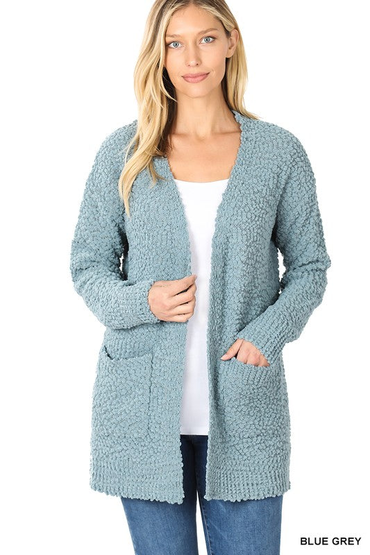 Zenana Long Sleeve Popcorn Sweater Cardigan With Pocket Grey M-XL