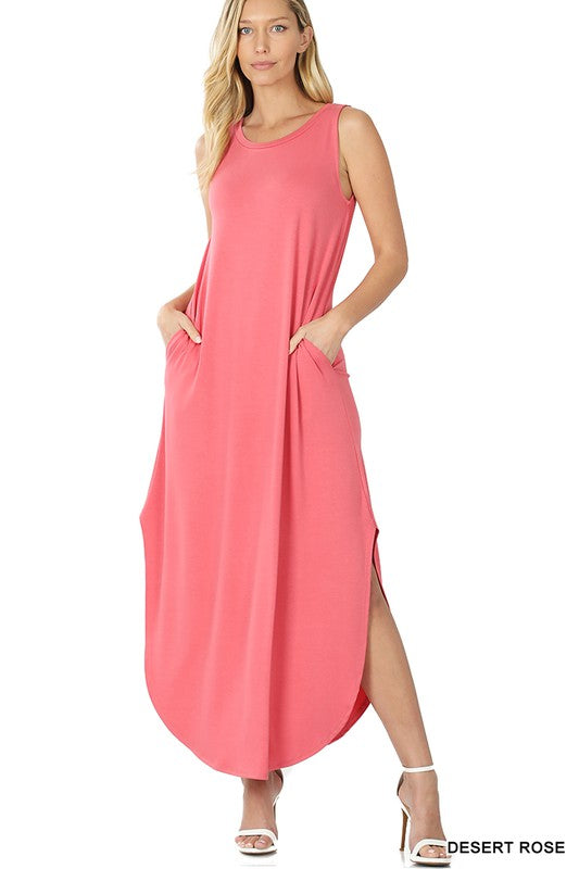 Zenana Knit Sleeveless Maxi Dress Side Slits Pockets 4Colors S-XL