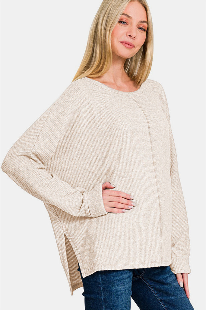 Zenana High-Low Side Slit Round Neck Pullover Womens Sweater