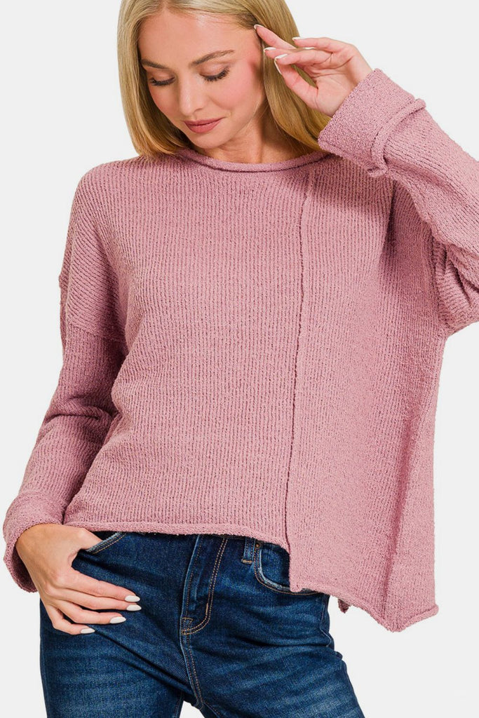 Zenana Asymmetric Hem Drop Shoulder Womens Sweater