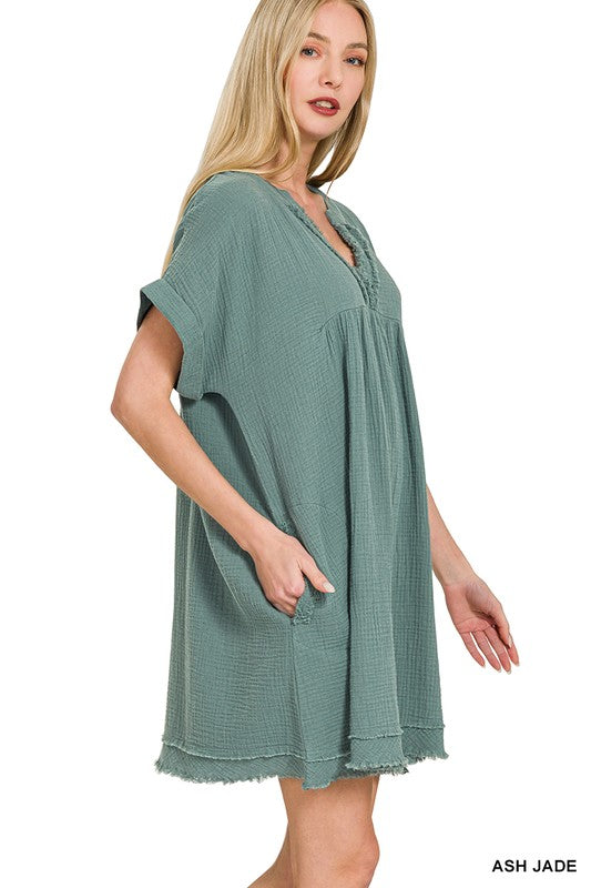 zenana linen dress Zenana Washed Double Gauze Raw Edge V-Neck Dress | S