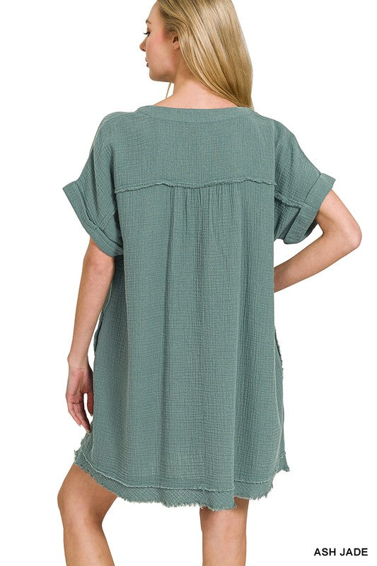 Zenana Cotton Double Gauze Solid Womens Dress S-XL Dusty Teal Apparel Garden Zenana Cotton Double Gauze Solid Womens Dress S-XL Dusty Teal Apparel Garden