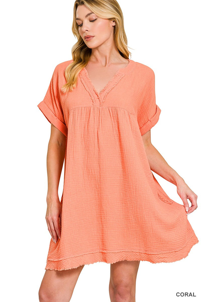 zenana linen dress Zenana Cotton Double Gauze Solid Womens Dress S-XL Coral – Apparel Garden