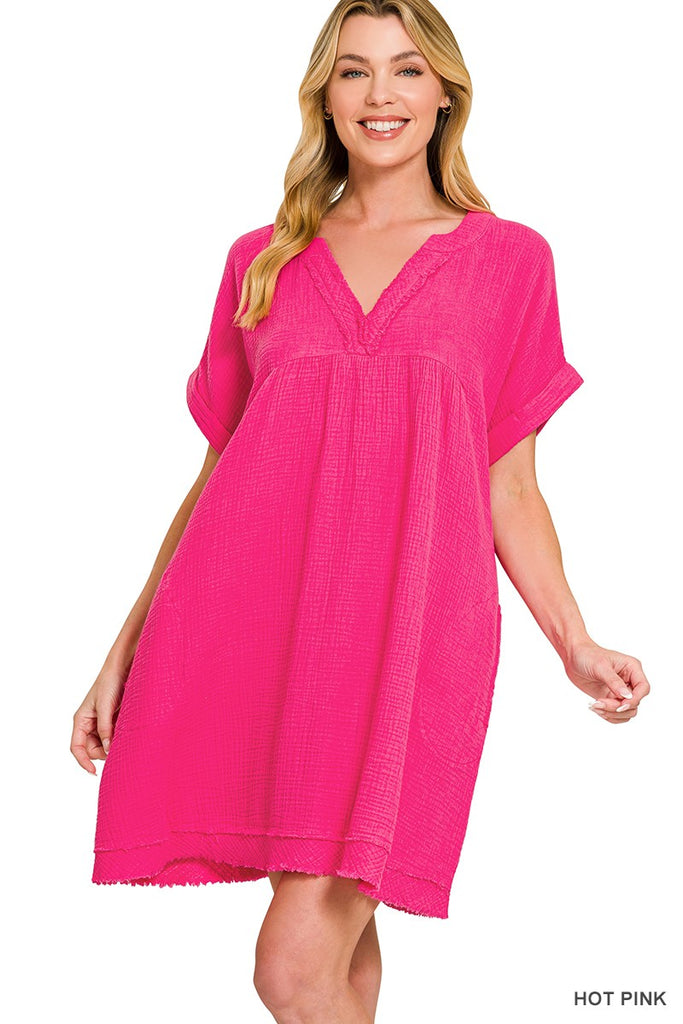 zenana linen dress SALE-Zenana-Raw Edge Gauze V-Neck Dress