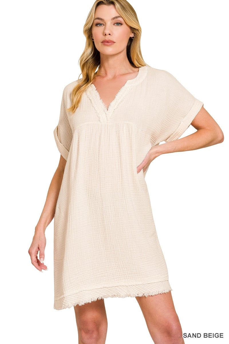 zenana linen dress Zenana Washed Double Gauze Raw Edge V-Neck Dress | S
