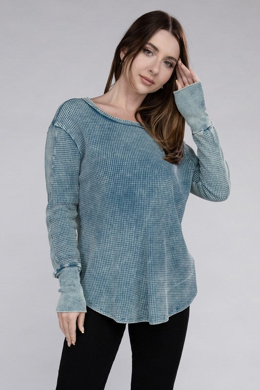 Zenana Washed Baby Waffle Long Sleeve Top 4Colors S-L