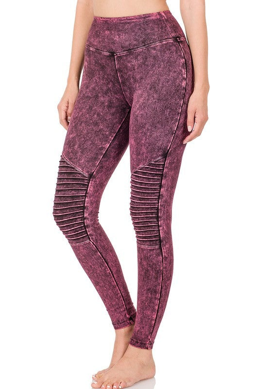 Zenana Mineral Washed Wide Waistband Moto Leggings 4Colors S-XL