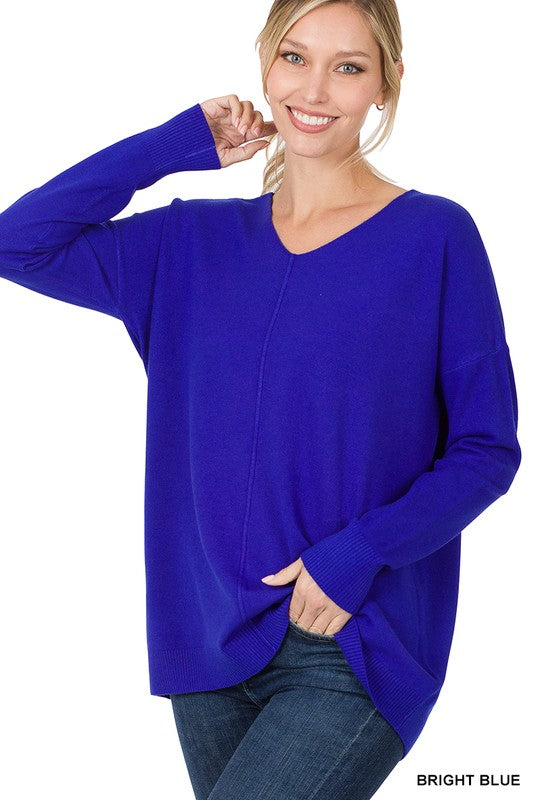 Zenana Hi-Lo V-Neck Center Seam Sweater 6Colors S-XL