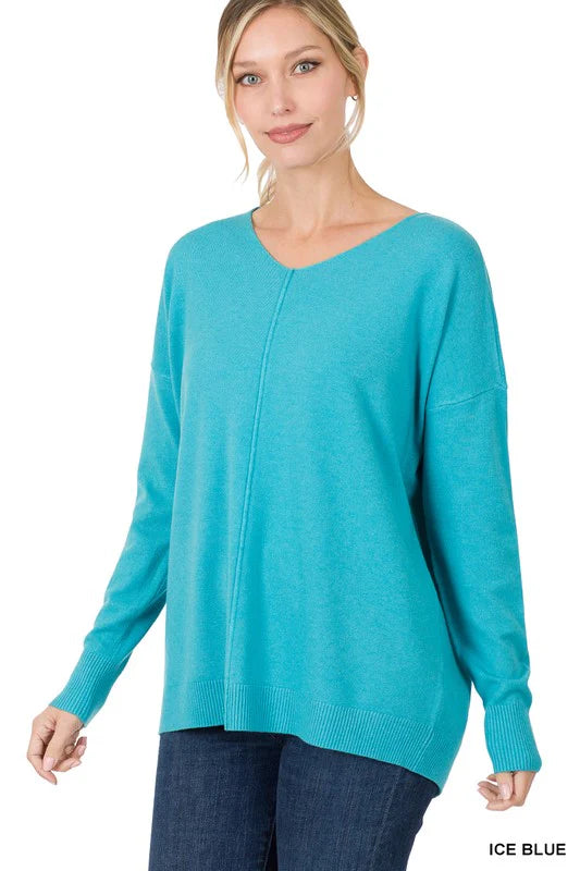 Zenana Hi-Lo V-Neck Center Seam Sweater Ice Blue XL