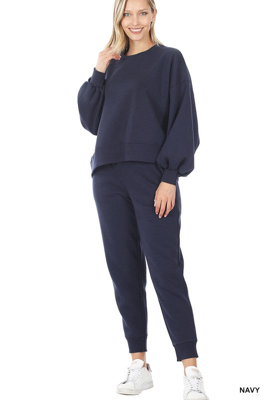Zenana Balloon Sleeve Sweatshirt & Sweatpants Set 6Colors S-XL