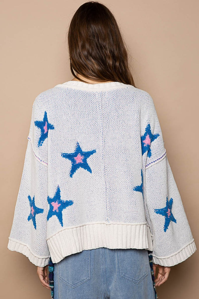 POL Long Sleeve Star Patch Womens Sweater in White S-L