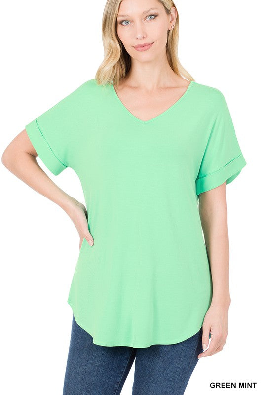 Zenana Luxe Rayon V-Neck Short Sleeve Cuffs Top 8Colors S-XL