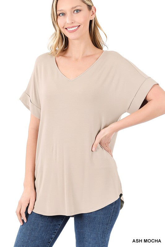 Zenana Luxe Rayon V-Neck Short Sleeve Cuffs Top 8Colors S-XL
