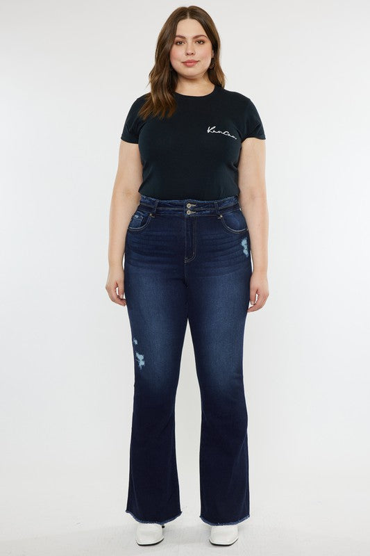 Kan Can Plus Size High Rise 2 Button Fray Hem Womens Flare Jeans