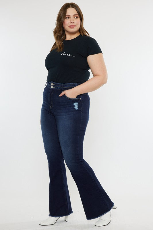 Kan Can Plus Size High Rise 2 Button Fray Hem Womens Flare Jeans