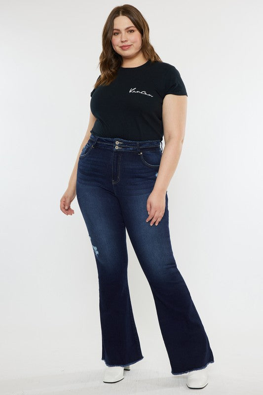 Kan Can Plus Size High Rise 2 Button Fray Hem Flare Jeans