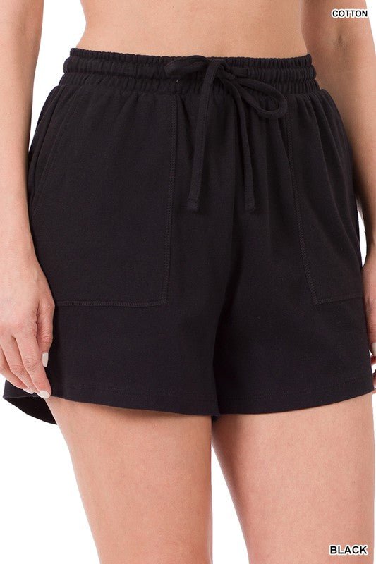 Zenana Cotton Shorts Drawstring & Pockets 4Colors S-XL