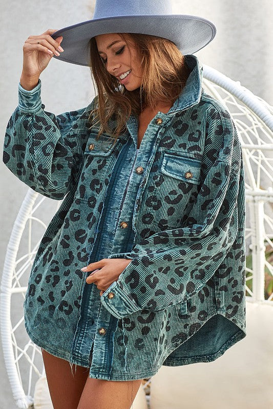 Bibi Vintage Washed Leopard Corduroy Womens Shacket 2Colors S-XL