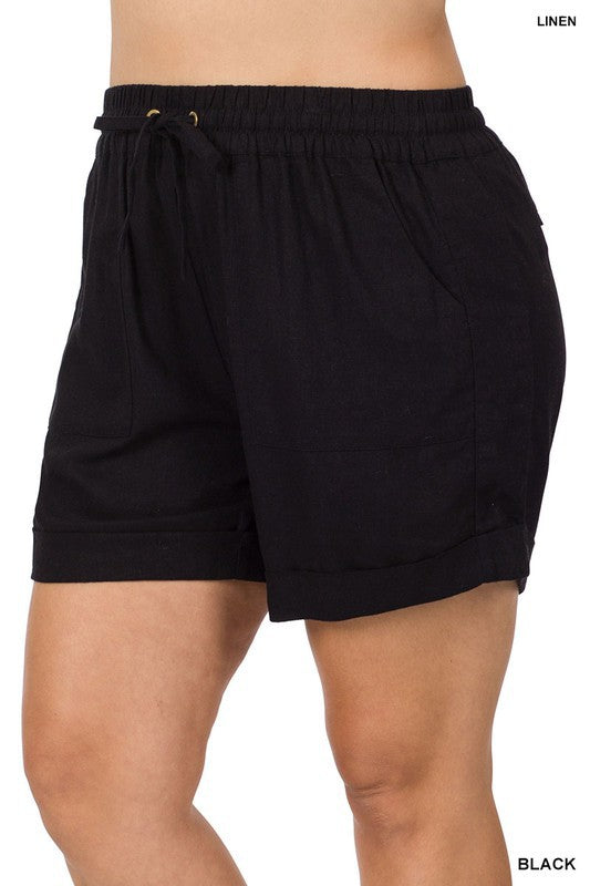 Zenana Plus Size Linen Drawstring Shorts Pockets 2Colors