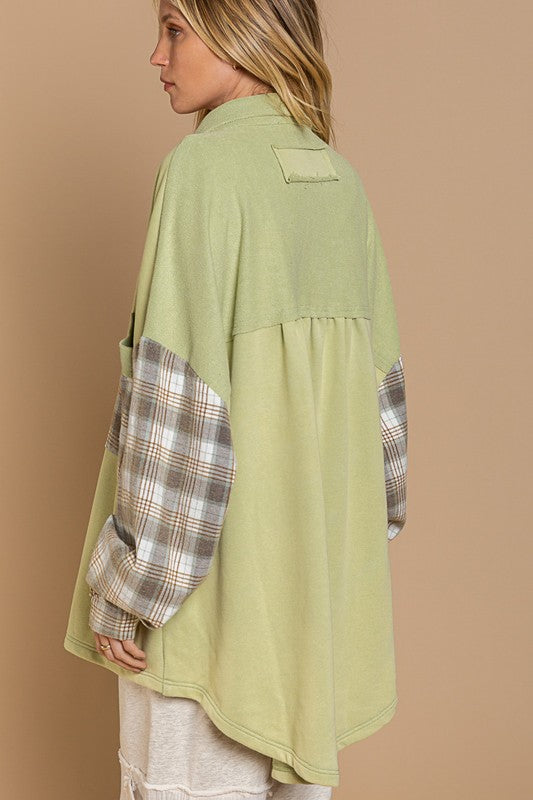 POL Clothing Long Sleeve With Plaid Detail Sleeve Shacket 3Colors