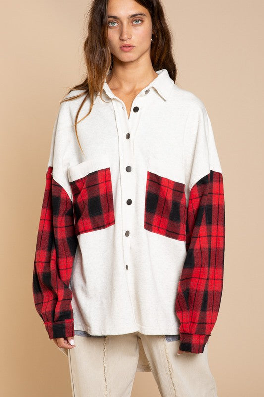 POL Clothing Long Sleeve With Plaid Detail Sleeve Womens Shacket 3Colors