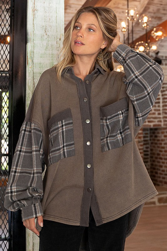 POL Clothing Long Sleeve With Plaid Detail Sleeve Womens Shacket 3Colors