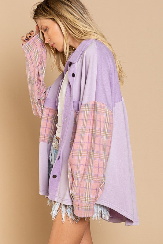 POL Clothing Long Sleeve With Plaid Detail Sleeve Shacket 3Colors