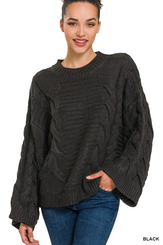 Zenana Oversized Bell Sleeve Cable Knit Sweater 2Colors XS-XL