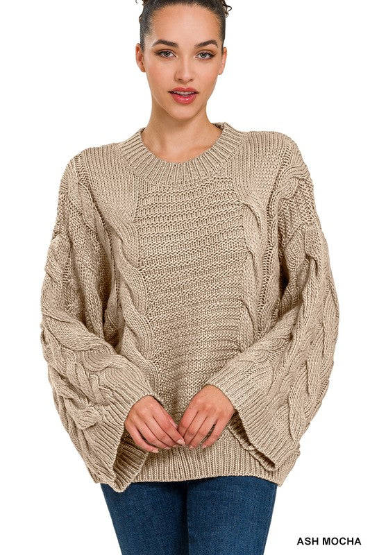 Zenana Oversized Bell Sleeve Cable Knit Sweater 2Colors XS-XL