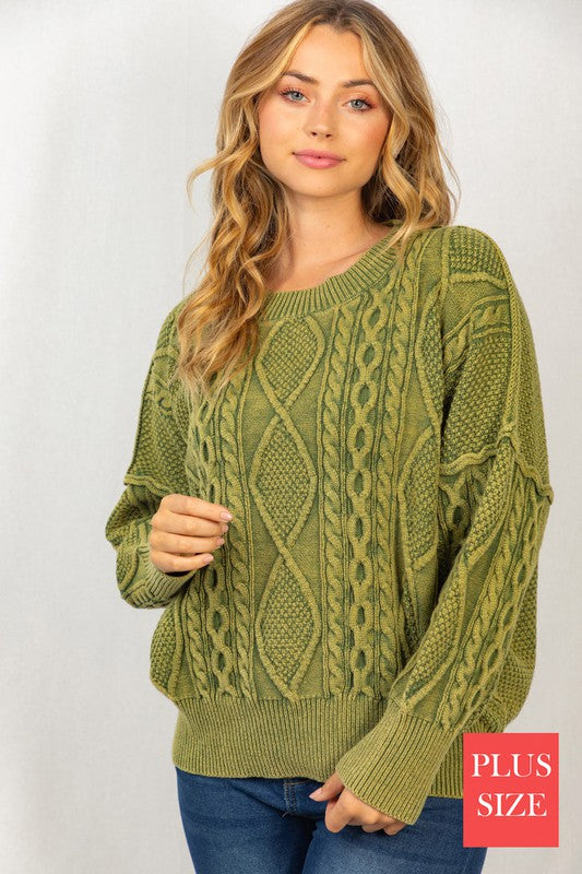 White Birch Plus Size Mineral Washed Cable Sweater Olive 1X-3X