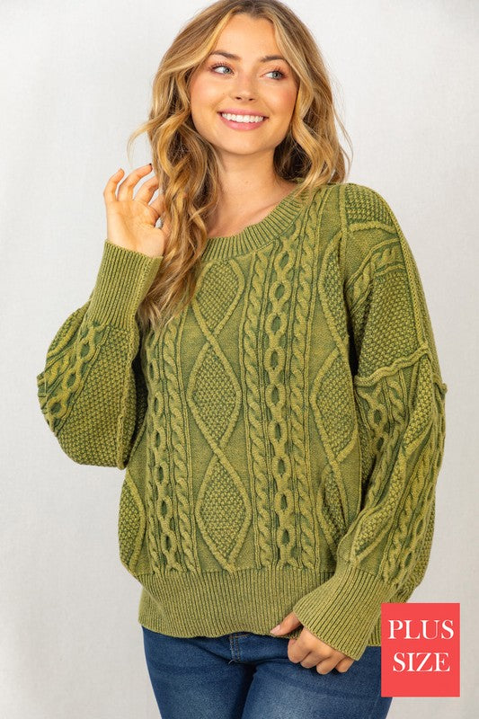 White Birch Plus Size Mineral Washed Cable Sweater Olive 1X-3X