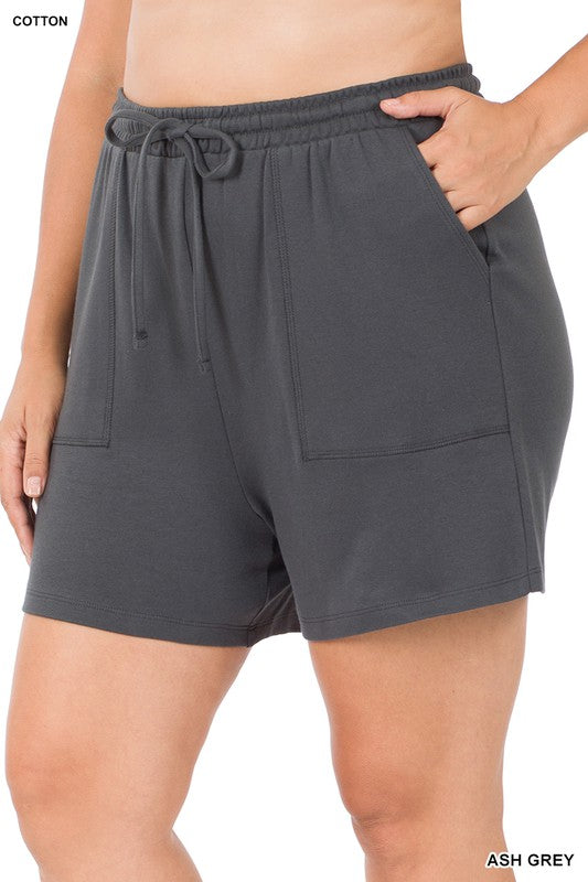 Zenana Plus Size Cotton Drawstring Womens Shorts Grey or Pink