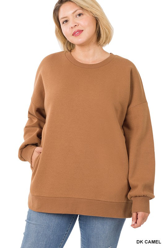 Zenana Plus Size long Sleeve Round Neck Womens Sweatshirt 6Colors